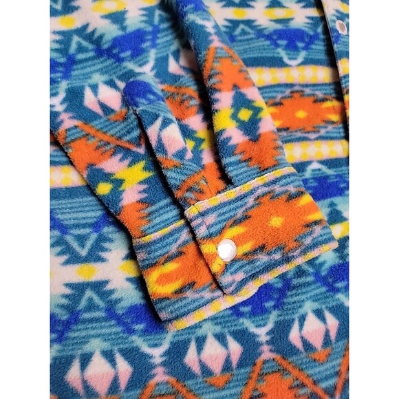 RF Brand Shirt Shacket Mens L Aztec Fleece Orange Blue Yellow Snaps Pockets READ - Picture 8 of 16